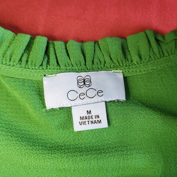CeCe Green Ruffle Tie Neck Blouse Womens Medium Puff Sleeve Lightweight Top - Picture 5 of 8
